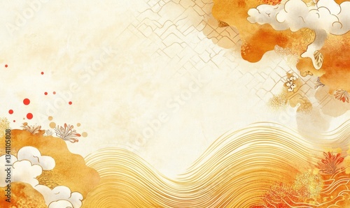 Golden Watercolor Landscape Soft Clouds Elegant Waves Design