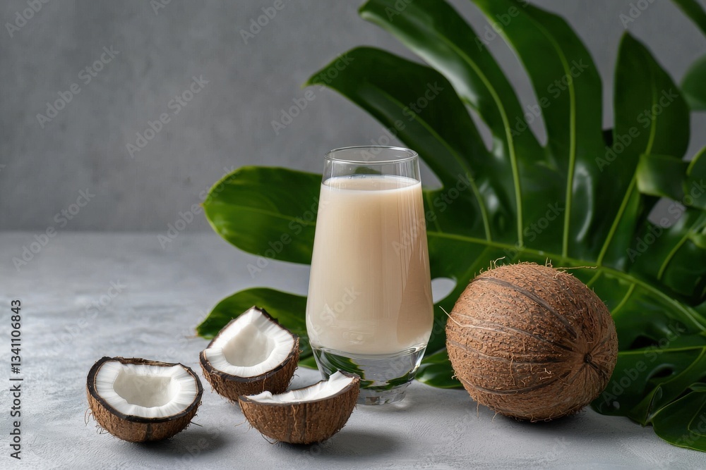 Refreshing Coconut Drink with Fresh Coconut and Tropical Leaves Refreshing Coconut Drink with Fresh Coconut and Tropical Leaves