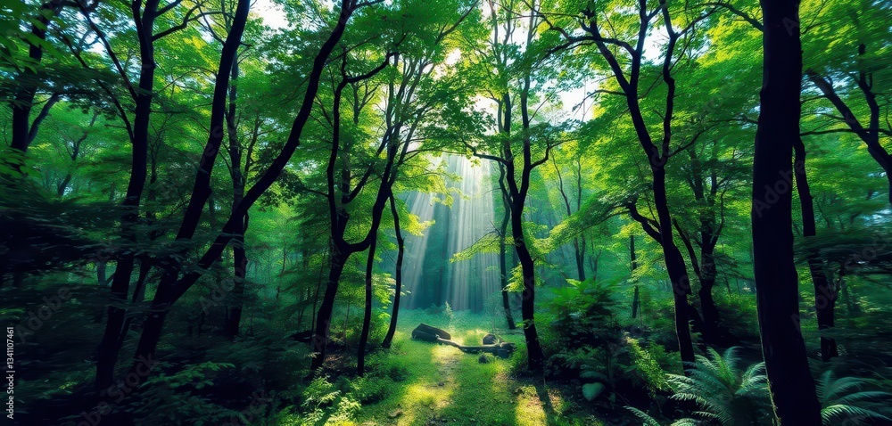 Naklejka premium Misty green forest, sunlight filtering through dense canopy, tranquil, calm