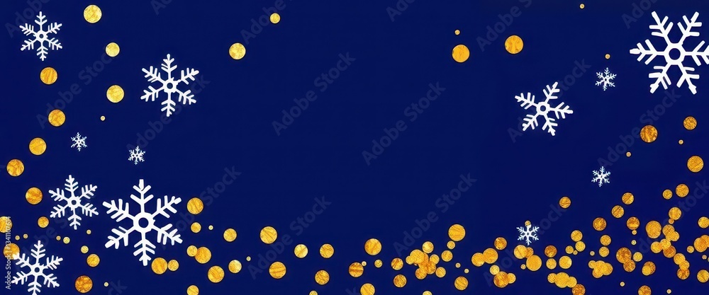 Navy blue background with scattered gold sequins and white snowflakes, event, glitter Navy blue background with scattered gold sequins and white snowflakes, event, glitter