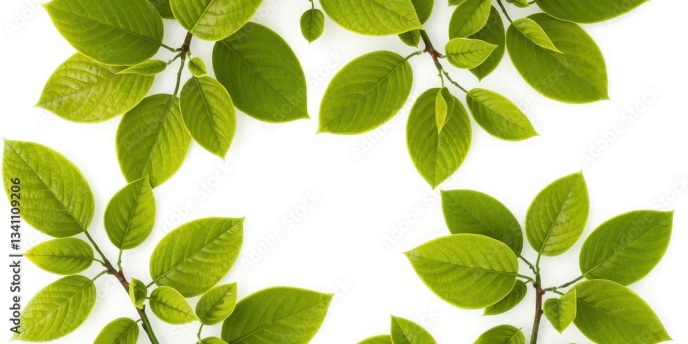 Fototapeta premium Vibrant green citrus leaves, fresh and bright, isolated on pure white backdrop, citrus, fresh, background