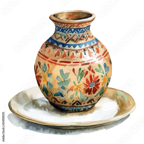 A Watercolor traditional Clay Jar with floral design on plate Front View. Traditional Persian New Year Hyacinth, isolated on a white background. Nowruz vector design set