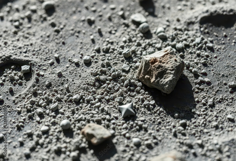 Close-up of grey lunar regolith, fine dust and rock fragments, lunar soil, cosmos Close-up of grey lunar regolith, fine dust and rock fragments, lunar soil, cosmos