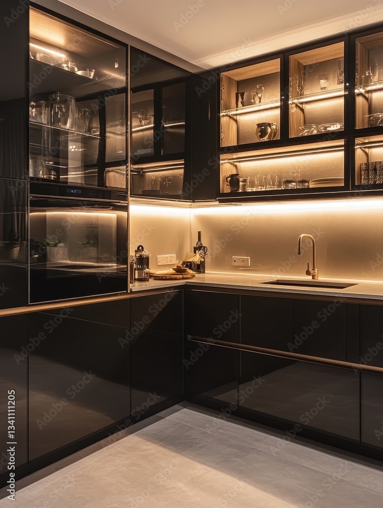 Fototapeta premium This image showcases a modern kitchen corner with cabinets