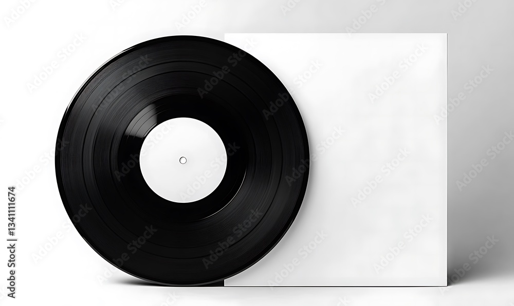Obraz premium Black vinyl record in white carton sleeve. Template for mockup. Partially in sleeve