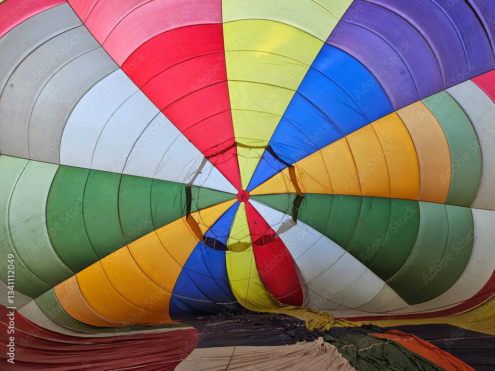 Fototapeta premium Looking into the center of a colorful hot air balloon as it is lying on the ground being inflated with air during launch preparations.