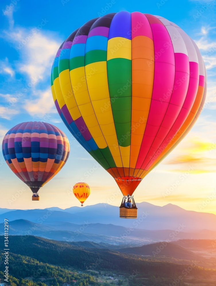 Obraz premium Colorful Hot Air Balloons Over Scenic Mountain Landscape - Three vibrant hot air balloons soar over a picturesque mountain range at sunrise, symbolizing adventure, freedom, exploration, dreams