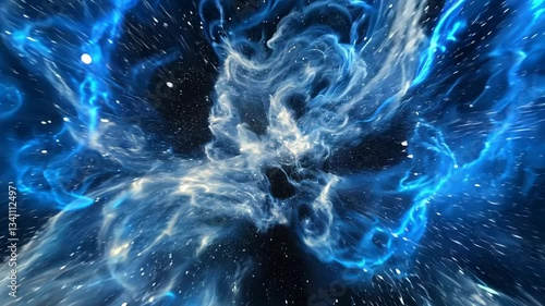 abstract particle explosion, deep blue and silver lights, dynamic movement, digital art, high contrast, cosmic feel, energy burst