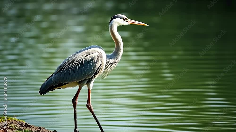 Grey Heron by the Emerald Waters: Profile View Grey Heron by the Emerald Waters: Profile View