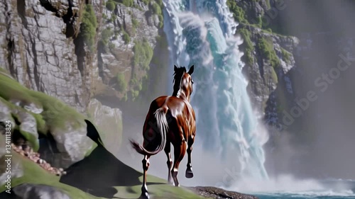 Mystic Waterfall Gallop: 3D Horse Running Along a Cascading Waterfall