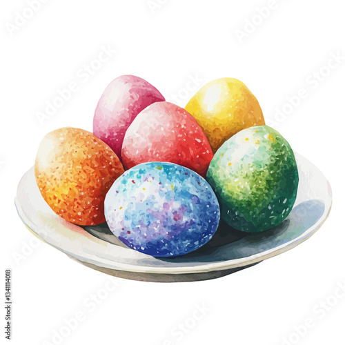 My  Watercolor Colored Eggs on a white plate Front View. Traditional Persian New Year Hyacinth, isolated on a white background. Nowruz vector design set, haft sin
