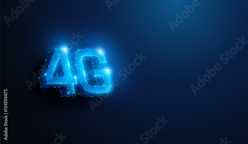 Lowpoly 4G Mobile Communication Technology. Abstract geometric 3D abbreviation illustration on 4th generation wireless mobile network connection tech concept by wireframe mesh on blue background