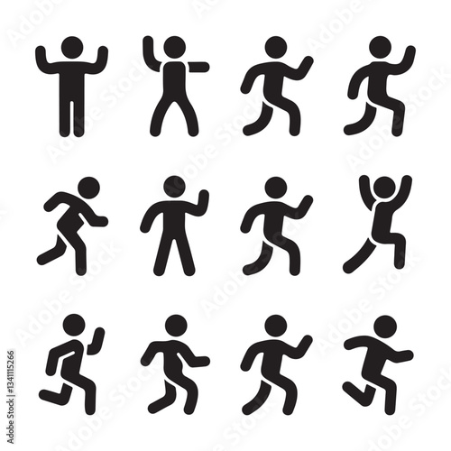 stick figure, set of icons people, basic movement, man poses,  human  movement silhouettes