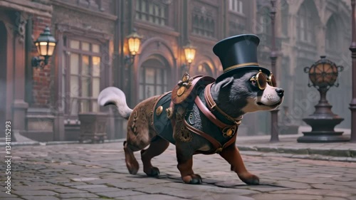 Steampunk Detective Dog in a Victorian Alley