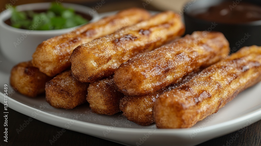 Churros dusted cinnamon and sugar served with a chocolate dipping sauce on a white plate a sweet and crispy bakery favorite Churros dusted cinnamon and sugar served with a chocolate dipping sauce on a white plate a sweet and crispy bakery favorite