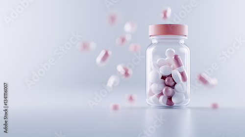 Simple plastic jar with colorful capsules. Symbol of pharmacy and dosage.