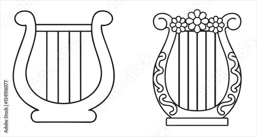 Two artistic lyres with distinct designs and embellishments.