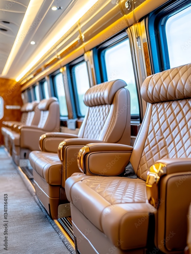 Fototapeta premium Elegant Luxury Train Interior: First Class Comfort - Experience refined travel. Luxurious seating, elegant design, premium comfort, smooth journey, exclusive experience