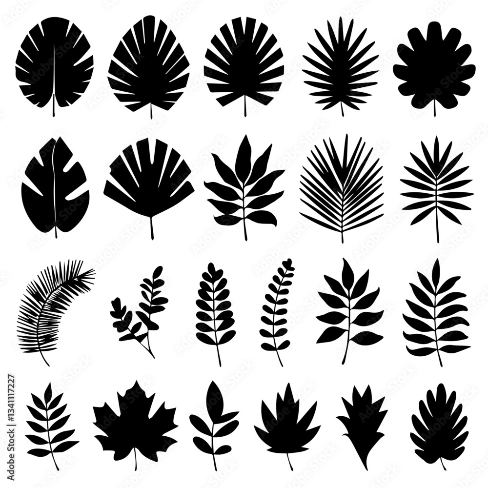 A collection of black silhouette tropical plant and tree icons, featuring various palm trees, ferns, and botanical elements in a minimalistic style on a white background. A collection of black silhouette tropical plant and tree icons, featuring various palm trees, ferns, and botanical elements in a minimalistic style on a white background.