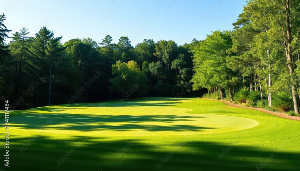 Obraz premium Lush green golf course fairway bordered by dense woods, peaceful, fairway