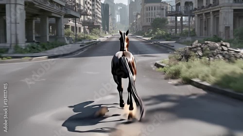 Urban Wild: 3D Horse in an Abandoned City Reclaimed by Nature