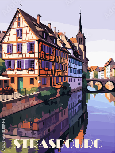 Strasbourg, France travel destination poster in retro style. Vintage europian cityscape vector art illustration