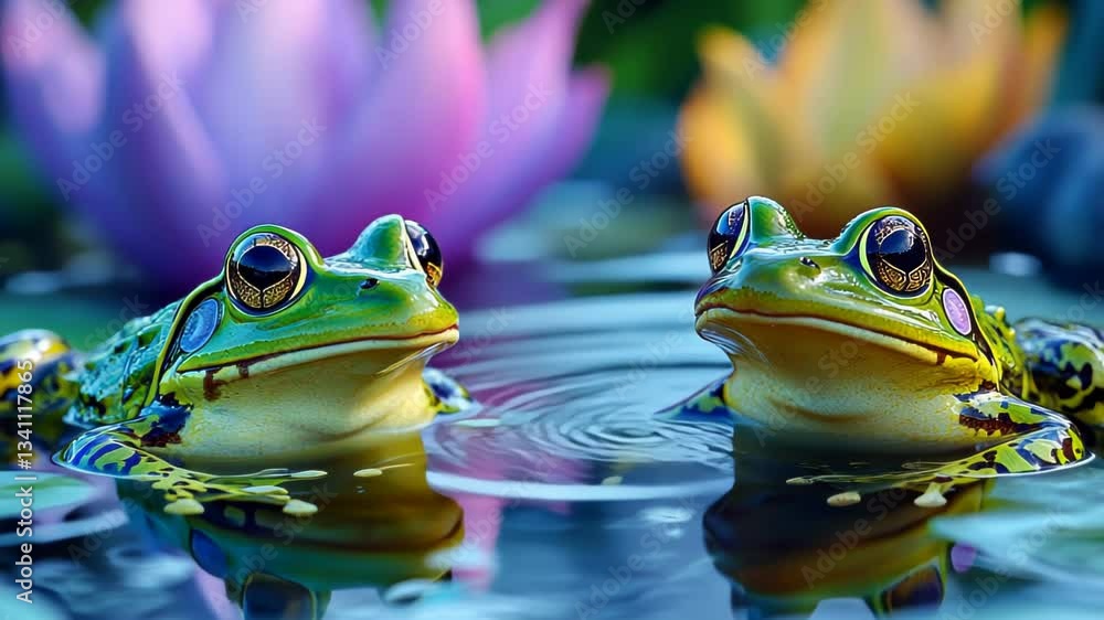 Two frogs on lily pad water surface
