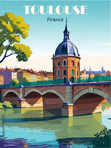 Toulouse, France travel destination poster in retro style. Vintage europian cityscape vecctor art illustration