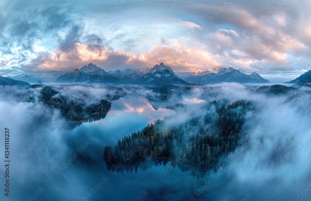Fototapeta premium Aerial view of a serene lake nestled amidst majestic mountains, with a layer of mist, ideal for travel, nature, and tranquility