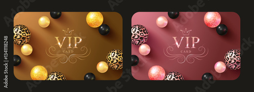 A set of luxurious VIP cards in gold and pink shades. Decorative spheres with unique textures: leopard print, glitter, mother-of-pearl and glossy black. Realistic 3D rendering with soft shadows.