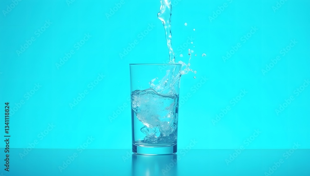 Ice Water Splashing in Glass on Vibrant Blue Background Ice Water Splashing in Glass on Vibrant Blue Background
