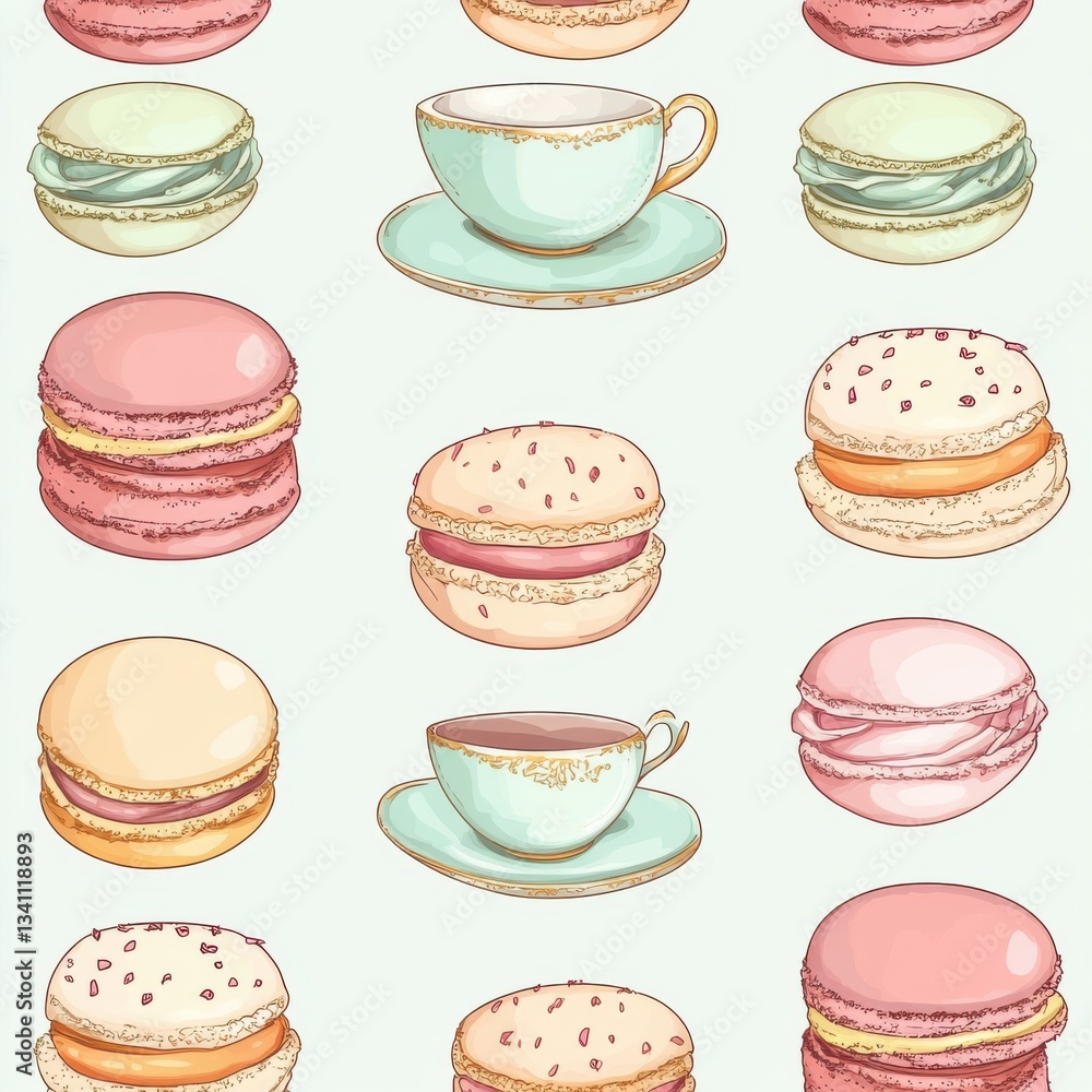 Pastel Macarons & Teacups Seamless Pattern Pastel Macarons & Teacups Seamless Pattern