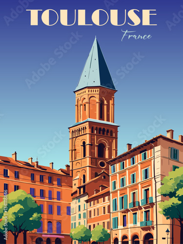 Toulouse, France travel destination poster in retro style. Vintage European cityscape vector art illustration