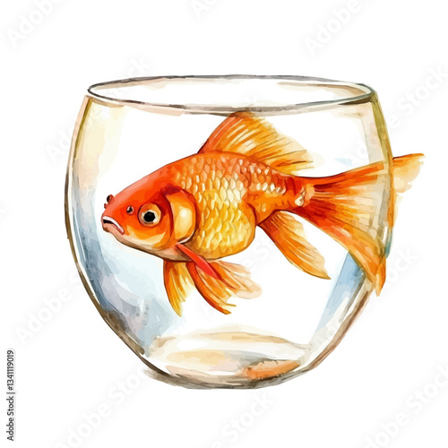 Watercolor Haft sin red Goldfish in a Glass Bowl. Traditional Persian New Year Garlic, isolated on a white background. Nowruz vector design set	