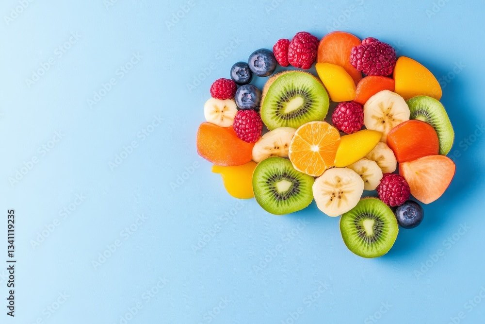 Fruit Brain Power - Colorful fruit slices arranged in the shape of a brain on a light blue background. Healthy eating concept
