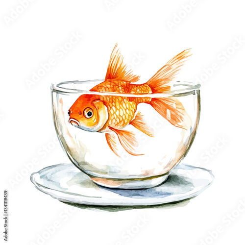 Watercolor Haft sin Goldfish in a Glass Bowl on plate. Traditional Persian New Year Garlic, isolated on a white background. Nowruz vector design set	