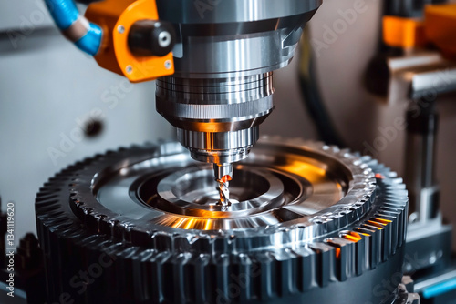 A close-up view of an industrial CNC milling machine in action, precisely drilling into a solid metal surface. manufacturing, automation, and industrial engineering concepts