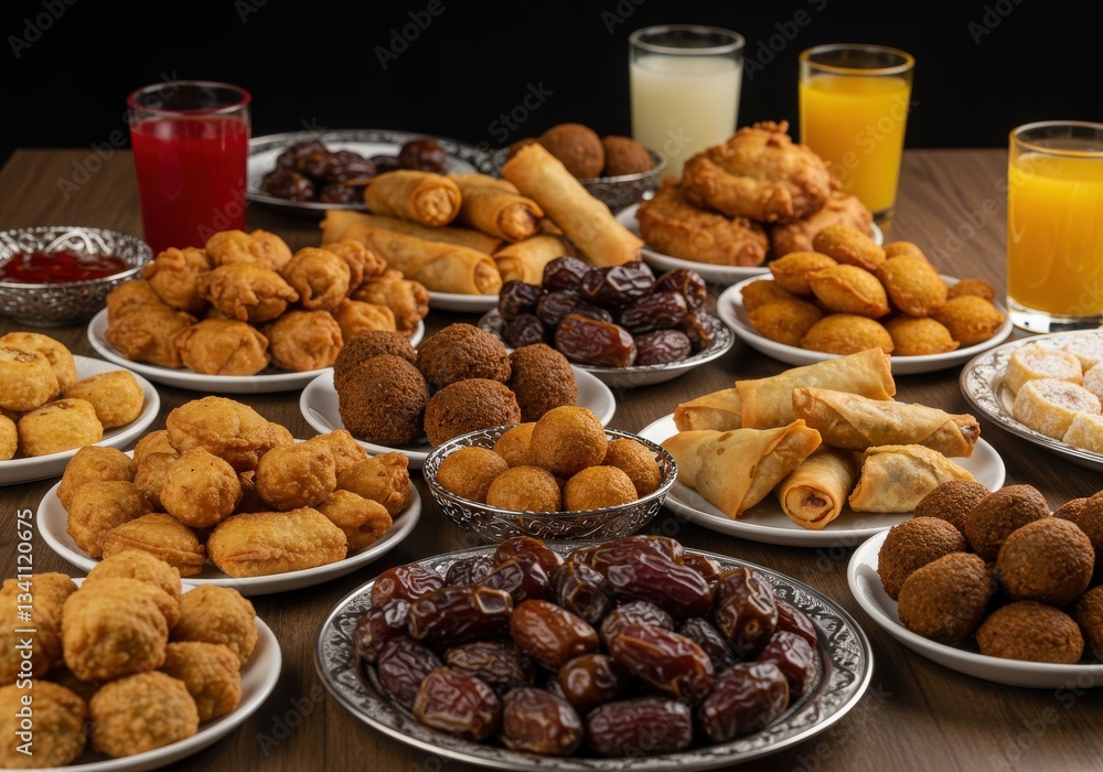 Ramadan kareem iftar time foods with family dates fry foods cake Ramadan kareem iftar time foods with family dates fry foods cake