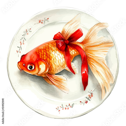 Watercolor Haft sin red Goldfish on white plate. Traditional Persian New Year Garlic, isolated on a white background. Nowruz vector design set	