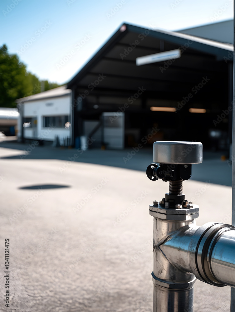 Industrial valve against an out-of-focus building background illuminated by bright daylight with a clean modern aesthetic. Industrial valve against an out-of-focus building background illuminated by bright daylight with a clean modern aesthetic.