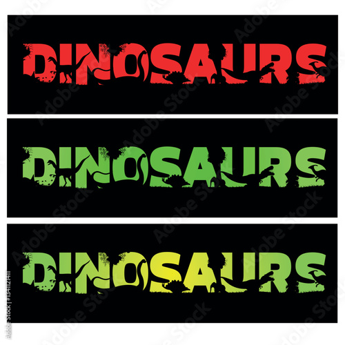 Vector typography with the word dinosaurs. Prehistoric animals. Every letter is filled with dinosaurs