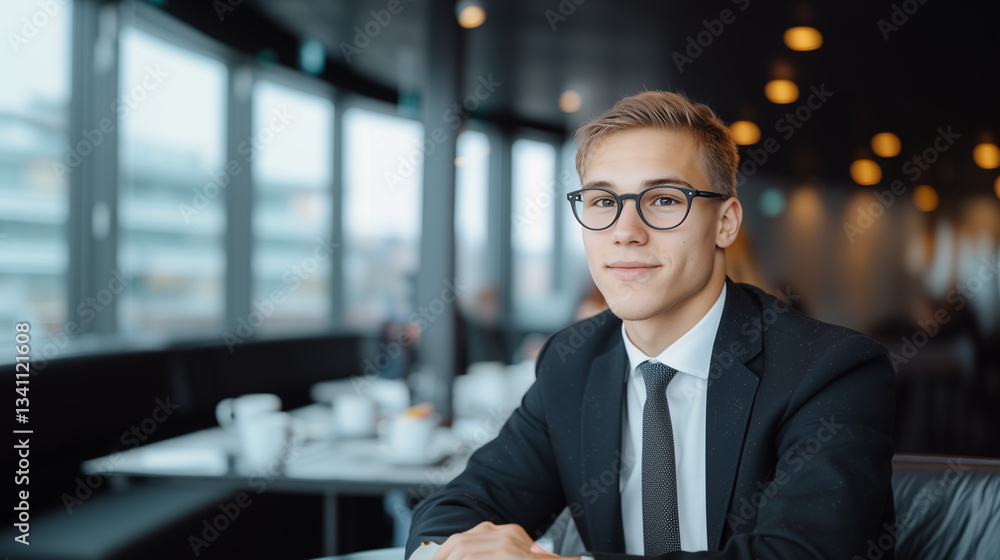 Fototapeta premium Young businessman in glasses sitting in a café, looking at the camera. Stylish and confident professional.