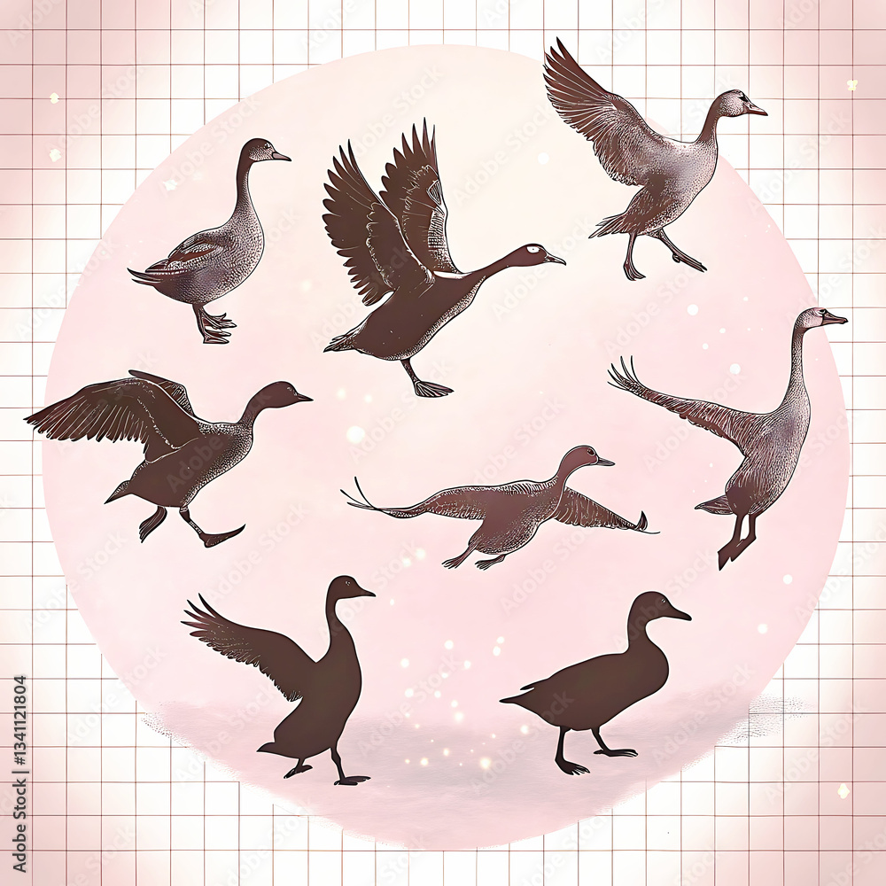 Obraz premium Duck Silhouette Collection - Black and White Set of ducks silhouettes in different poses.