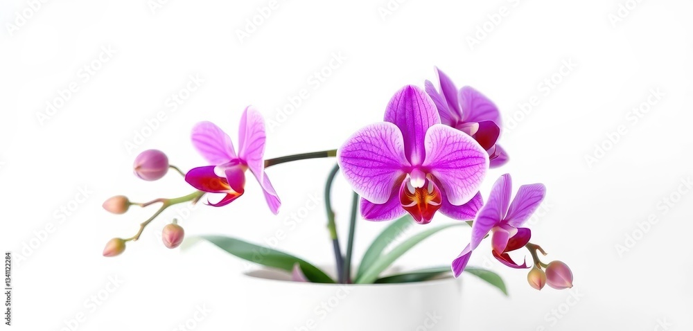 Delicate purple orchid in bloom, nestled in a simple white pot against a pure white backdrop, spring, isolated Delicate purple orchid in bloom, nestled in a simple white pot against a pure white backdrop, spring, isolated