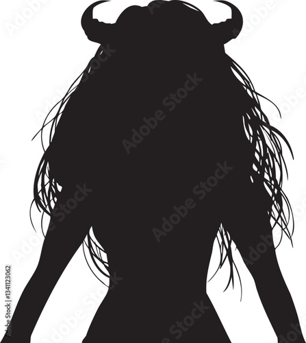 ツノが生えた悪妻のモノクロ切り絵風ベクターイラスト