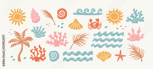 Hand drawn Summer vintage sticker set. Boho palm tree, sun and sea, seashells, coral, crab in naive groovy style. Tropical surf club concept, vacation and travel. Vector collage elements for print.