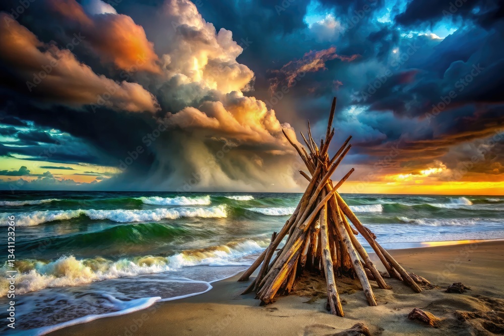 Fototapeta premium Dramatic sky, long exposure; driftwood tipi silhouetted against the ocean's moody expanse.