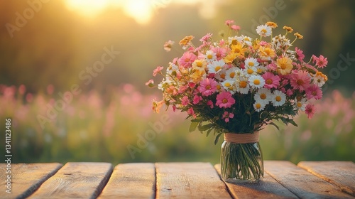 Wallpaper Mural A vibrant bouquet of wildflowers arranged gracefully in a glass jar, resting on a rustic wooden table against a softly blurred garden landscape at sunset Torontodigital.ca