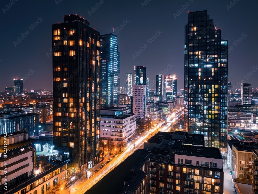 Fototapeta premium A city at night with tall buildings and a street with cars. The street lights are on and the cars are moving