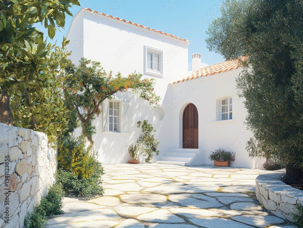 Naklejka premium A white house with a white roof and a white door. The house is surrounded by a stone wall